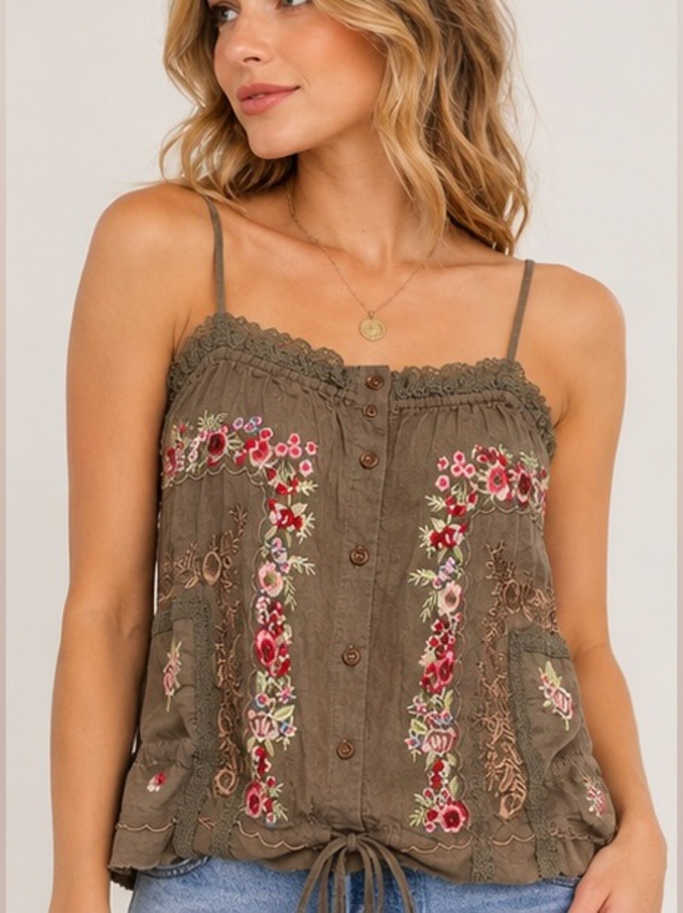 POL Embroidered Floral Button Front Cami Tank Top Boho NWOT Cottagecore - Picture 2 of 9